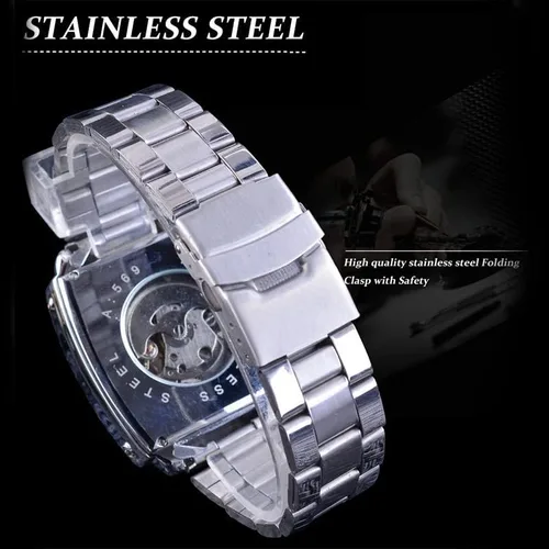 Vista 7 de FANMIS Reloj de pulsera analógico automático de acero inoxidable con fecha oblonga plateada para hombre, Mecánico