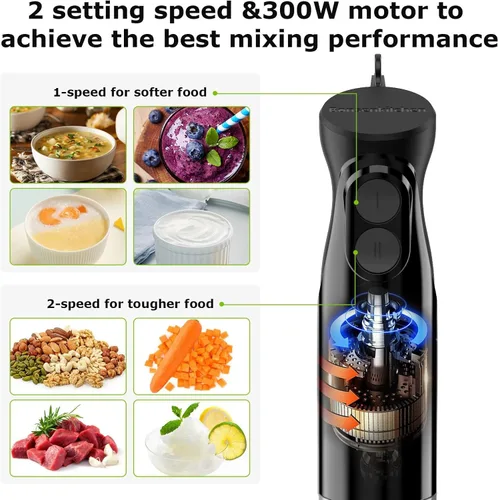Vista 2 de Bonsenkitchen Hand Blender, Immersion Blender with 2 Mixing Speed, Electric Handheld Mixer Portable Stick Mixer with Stainless Steel Blades for