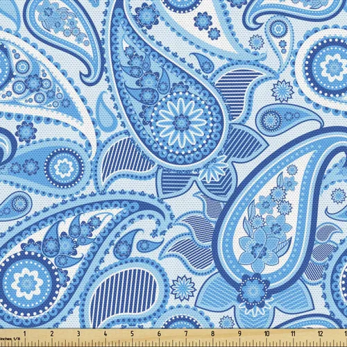 Vista 17 de Ambesonne The Yard, tela para bocetos de The Yard, taza de té de bicicleta de crema de cupcakes, tela decorativa para tapicería y detalles del Azul