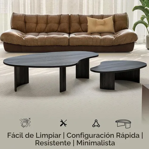 Vista 5 de Hyfirm Juego de mesa de centro anidable irregular negra con patas de madera estriada