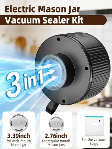 Vista 2 de Kit de sellador al vacío eléctrico de tarros Mason – Sellador al vacío de mano 2 en 1 para tarros de conservas y bolsas de Sous Vide, sellador