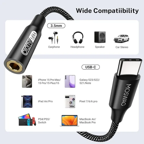 Vista 6 de MOSWAG Adaptador de audio USB tipo C a conector de auriculares hembra de 0.138 in, sonido de alta fidelidad For