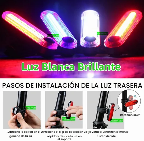 Vista 4 de Paquete de 2 luces LED recargables por USB para bicicleta, luz trasera de bicicleta, reflector, luz de seguridad, impermeable, brillante, luz