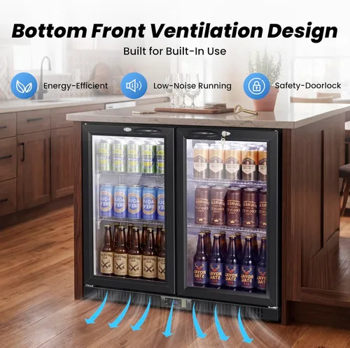 Vista 6 de 35.42" W Commercial Under Counter Beverage Refrigerator, 2 Glass Door Back Bar Cooler, Built-in/Freestanding 7.4Cuft Drink Fridge with LED Light