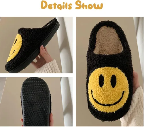 Vista 3 de Foxchic Cute Cozy Smile Face Slippers, Women's Retro Soft Indoor Outdoor Happy Face Shoes, Non-Slip Trendy Plush Comfy Warm Fluffy Slip-on Home