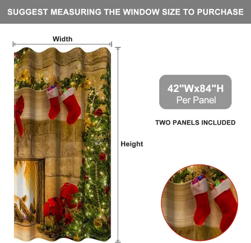 Vista 32 de Cortinas con adornos de Navidad impresos, cortinas para ventana de chimenea, calcetines de Navidad, árboles de Navidad, regalos, paneles opacos