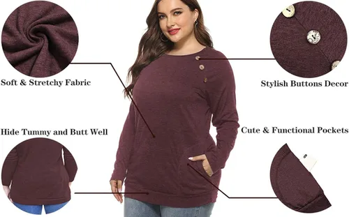 Vista 4 de VOGRACE Camisetas de manga larga para mujer, con bolsillos, botones, decoración, estilo casual, 1X-4X