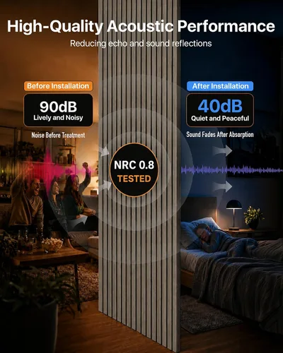 Vista 4 de Paneles de pared de listones de madera acústica – Paquete de 4 paneles de pared de 94.5 x 7.9 pulgadas con reducción de ruido y absorción de sonido