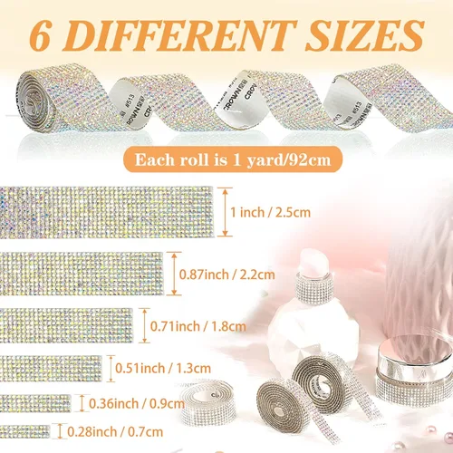 Vista 2 de 6 rollos de cinta de diamantes de imitación autoadhesiva con diamantes de imitación de 0.079 pulgadas (0.079 in) para manualidades, decoración de AB