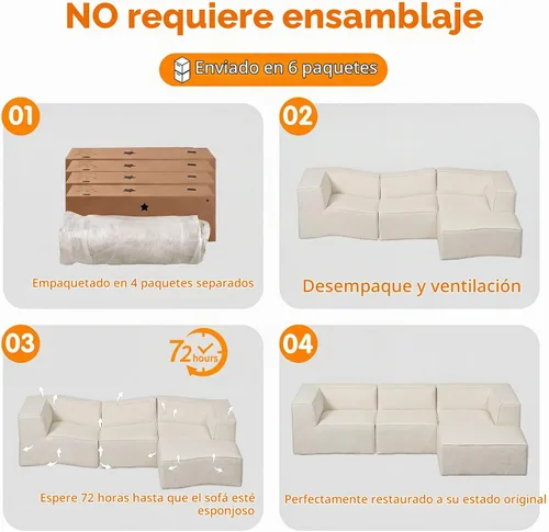 Vista 5 de Sofá Seccional Comprimido de 106" Sofás Modulares en Forma de L con Chaise, Espuma de Alta Densidad Sin Ensamblaje Requerido, 4 Piezas