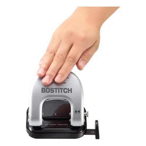 Vista 2 de Bostitch Office EZ Squeeze Reduced Effort Perforadora de 2 agujeros, 2 hojas, mango de bloqueo, color plateado (231)