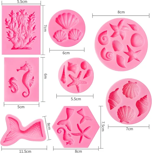 Vista 2 de Elfkitwang Molde de silicona para fondant de temática marina, concha, cola de sirena, caballito de mar, estrella de mar, coral, herramientas