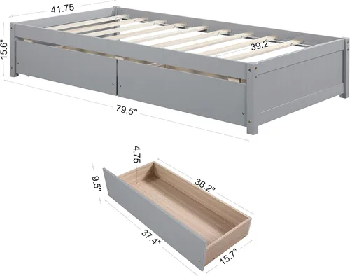 Vista 2 de HomSof Cama individual con 2 cajones, madera maciza, no necesita somier, gris