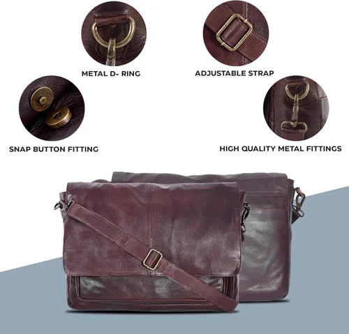 Vista 6 de Bolso de mensajero de cuero real para hombres y mujeres Maletín para laptop para oficina, universidad, correa de hombro ajustable