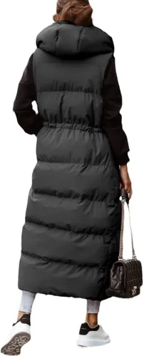 Vista 4 de Tankaneo Chaleco largo acolchado para mujer, ropa de abrigo con capucha y sin mangas, chaleco acolchado de algodón con cremallera completa