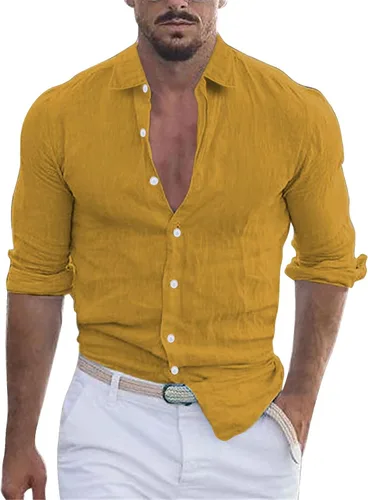 Vista 4 de Camisa de algodón y lino con botones para hombre, cuello de solapa de manga larga, estilo hippie casual para ropa de playa