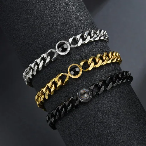 Vista 4 de Pulsera de fotos personalizada para hombres y mujeres, pulsera de proyección de fotos con círculo personalizado, pulsera de eslabones cubanos