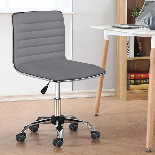 Vista 2 de Yaheetech Silla de oficina de trabajo de polipiel acanalada sin brazos, silla ejecutiva ajustable con respaldo bajo y ruedas, gris