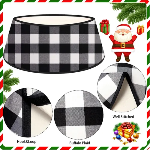 Vista 3 de FANPROMS Collar de árbol de Navidad en blanco y negro de 24 pulgadas, diseño de búfalo a cuadros, bordado de terciopelo, falda de árbol, decoración