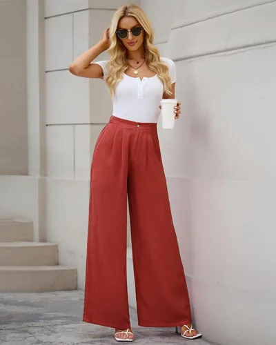 Vista 4 de GRAPENT Pantalones de pierna ancha para mujer, jeans de cintura alta, pantalones palazzo, ligeros, para verano, playa, pantalones fluidos Y2K