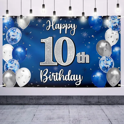 Vista 90 de Decoración de feliz cumpleaños número 100, globo azul y plateado grande cartel de fondo de cumpleaños de 100 años - Suministros para fiesta