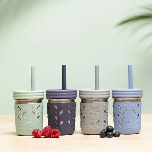 Vista 2 de Elk and Friends Pajitas de silicona reutilizables para adultos y niños con tapón para tarros o vasos Mason de 8 y 10 onzas, paquete de 8 pajitas