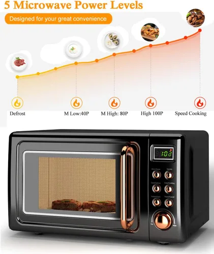 Vista 5 de Horno microondas retro, Safeplus de 0.7 pies cúbicos, microondas de 700 W con placa de acero laminado en frío, 5 micro descongelación y función