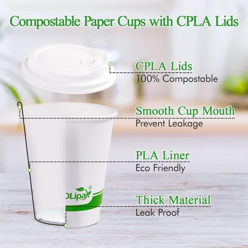 Vista 2 de ECOLipak 200 tazas de café de papel compostables de 8 onzas, tazas de café desechables biodegradables con tapa CPLA, tazas de bebida caliente 8 oz