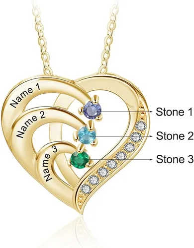 Vista 3 de Jeweidea Collar Personalizado de Corazón con Piedras Natalicias Simuladas, Colgante Promesa Personalizado con Nombre para Madre e Hija, Collar