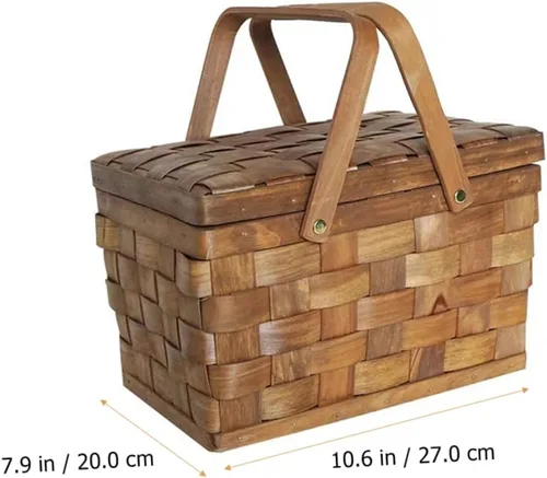 Vista 3 de Cesta de compras de madera, cesta de picnic vintage con tapa, cesta de mimbre de frutas con tapa, cesta de almacenamiento de juguetes, arreglos