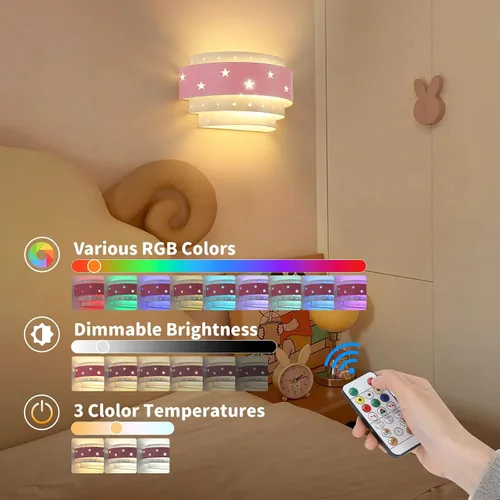 Vista 9 de Lightess Aplique de pared rosa que funciona con pilas para habitación de niñas, lámpara de pared LED regulable con forma de estrella, lámpara