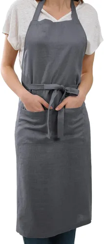 Vista 9 de Amazhiyu Delantal de cocina de lino puro con bolsillos para mujeres y hombres, cocinero, barbacoa, manualidades