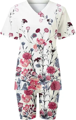 Vista 4 de 2 Piece Outfits for Women Dressy Short Sleeve T-Shirt Tops and Bottom Set High Waisted Floral Print Travel Outfits for Women