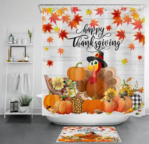 Vista 22 de HVEST Cortina de ducha con ganchos, calabaza espeluznante y fantasma con sombrero de bruja negro, juego de cortina de ducha naranja con flores