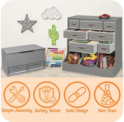 Vista 3 de Badger Basket Combo Bin Unidad de almacenamiento de juguetes y estante para libros para niños con 3 cestas - Gris