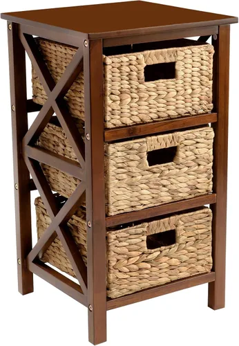 Vista 9 de eHemco Mesa auxiliar de 3 niveles con diseño en X y cestas de mimbre para mesita de noche, sala de estar, negro 3 cestas de mimbre, para mesita