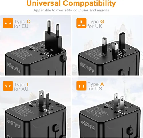 Vista 9 de Adaptador de Viaje Universal, VYLEE Adaptador de Enchufe Internacional de 45W con Carga Rápida PD, 5 Puertos (1 AC/1 USB-A/3 USB-C), Cargador
