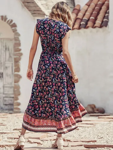 Vista 2 de PRETTYGARDEN Vestido largo de verano para mujer, casual, floral, cuello en V, mangas casquillo, bohemio, alto y bajo, vestido largo de sol