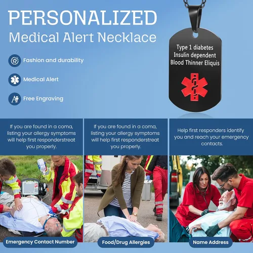 Vista 4 de Jewelstruck Collar de alerta médica para mujeres y hombres, etiquetas de identificación de emergencia, collar de doble cara, grabado gratuito