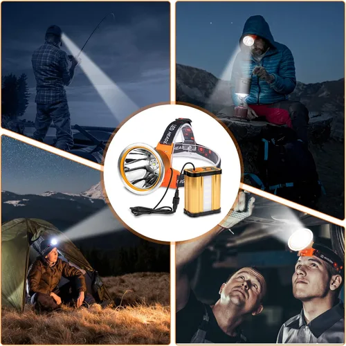 Vista 2 de Linterna de cabeza LED recargable superbrillante con 3 modos de iluminación, paquete de batería externa, faro portátil impermeable para campamento