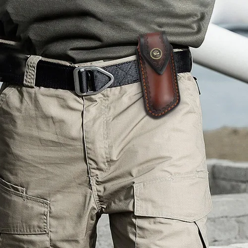 Vista 7 de Funda de cuchillo de bolsillo de 4/4.5 pulgadas, funda de cuero portátil para cuchillo con diseño de agujero para colgar para cinturón