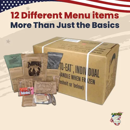 Vista 5 de MREs (Meals Ready-to-Eat) caja A, menús militares originales de EE. UU. 1-12 de Rothco