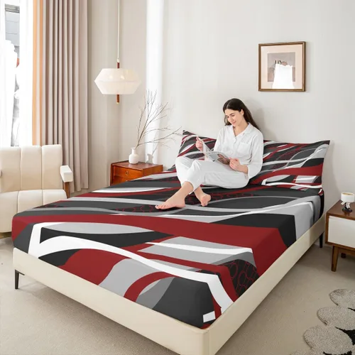 Vista 2 de Manfei Sábana bajera ajustable color rojo y gris, tamaño individual, funda de cama circular de rayas onduladas abstractas con 1 funda de almohada
