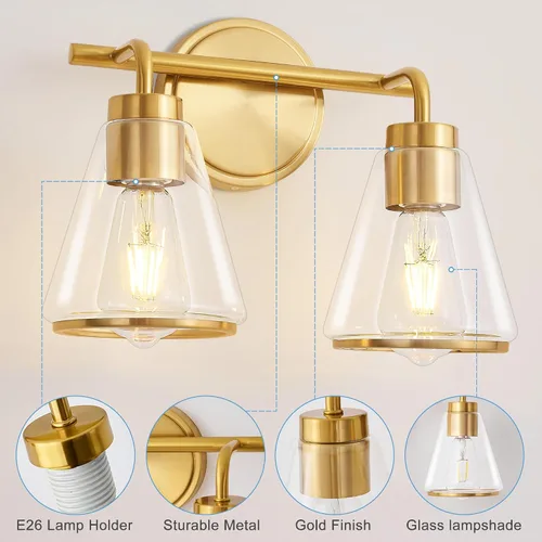 Vista 5 de Accesorios de iluminación de baño sobre espejo Luces de tocador doradas de 2 luces con pantalla de vidrio transparente de 14 pulgadas Luces