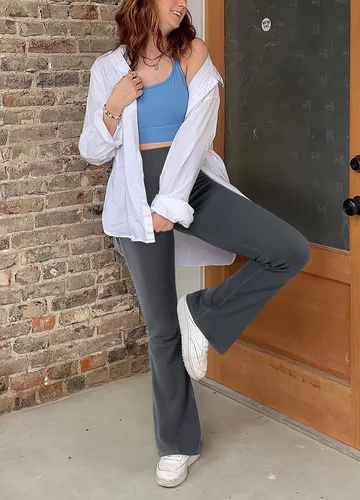 Vista 3 de MOSHENGQI Leggings acampanados acanalados para mujer, pantalones de yoga sin costuras de cintura alta