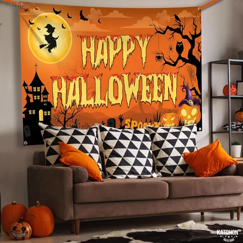 Vista 3 de KatchOn Pancarta espeluznante de Feliz Halloween, extragrande, 72 x 44 pulgadas, telón de fondo naranja de fotos de Halloween para decoraciones