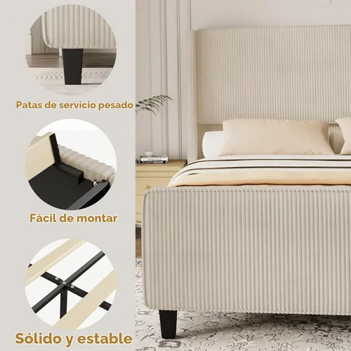 Vista 6 de Marco de Cama Tamaño Queen con Cabecero, Cama de Plataforma Tapizada con Cabecero Alto Tipo Wingback y Pie de Cama, Marco de Cama de Pana con Beige