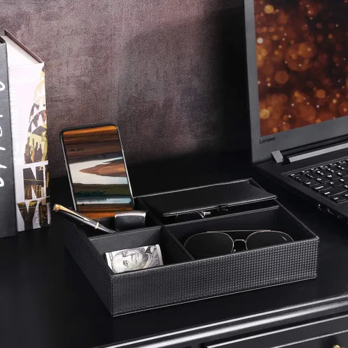 Vista 2 de BEWISHOME Bandeja organizadora de aparador para hombre organizador de mesita de noche para accesorios de joyería fibra de carbono piel sintética