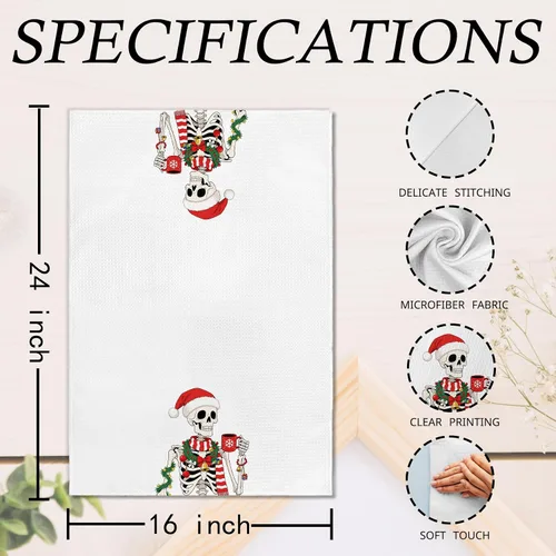 Vista 7 de Divertidas toallas de cocina de esqueleto navideño, toallas de mano góticas de Navidad para decoración de baño, rústico, retro, espeluznante