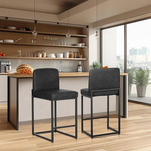 Vista 2 de Sophia & William Taburete de bar negro, altura de mostrador de 24 pulgadas con respaldo, sillas de bar modernas de piel sintética para cocina, 1